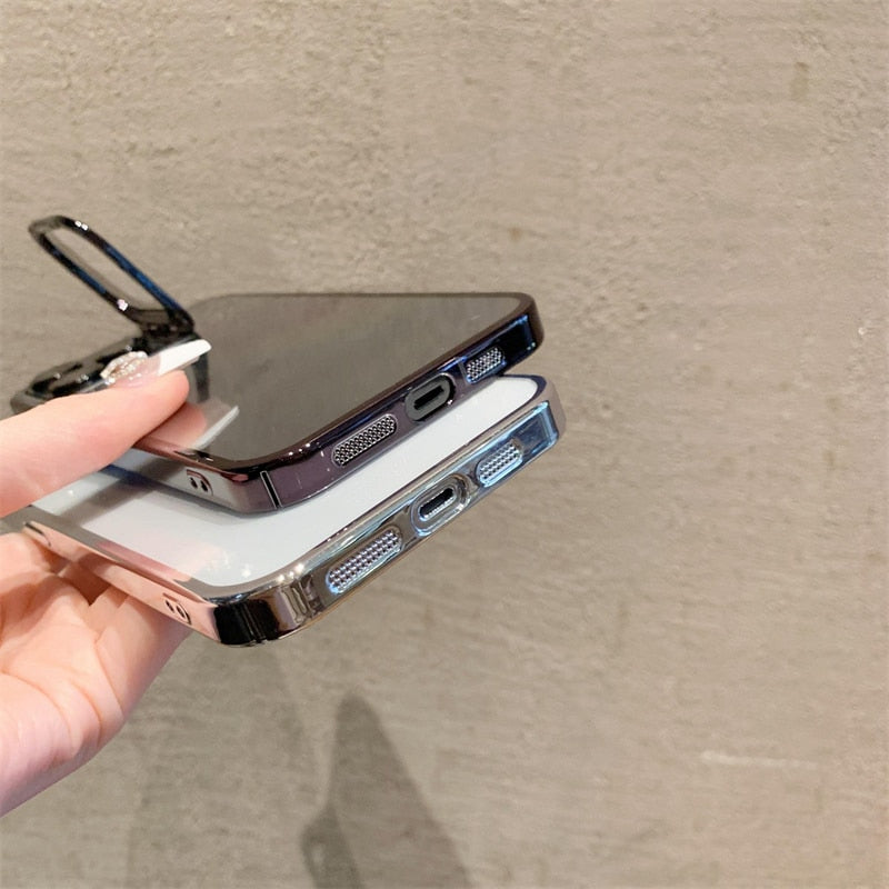 Transparent Electroplated Phone Case with Lens Cover Kickstand