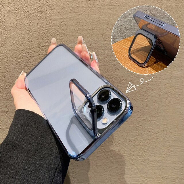 Transparent Electroplated Phone Case with Lens Cover Kickstand