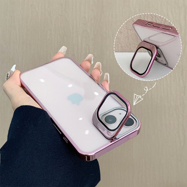 Transparent Electroplated Phone Case with Lens Cover Kickstand
