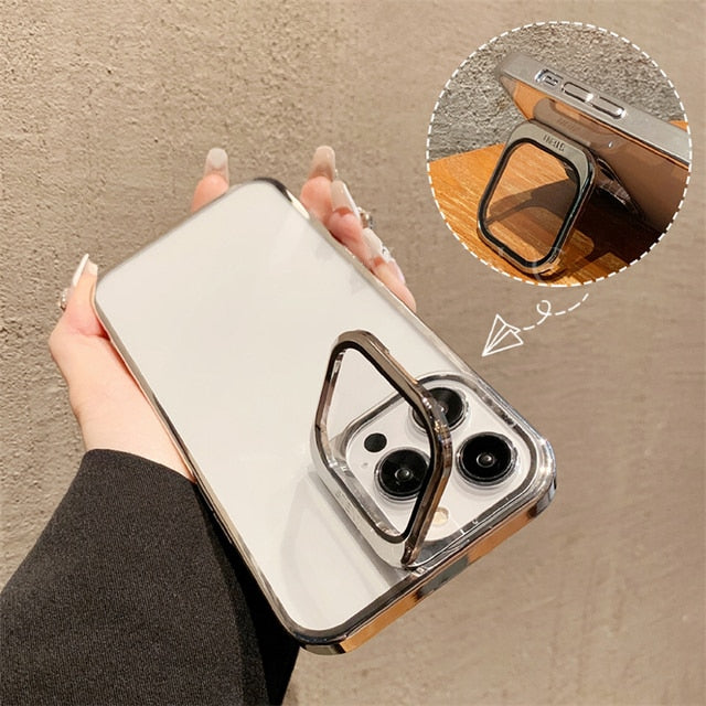 Transparent Electroplated Phone Case with Lens Cover Kickstand