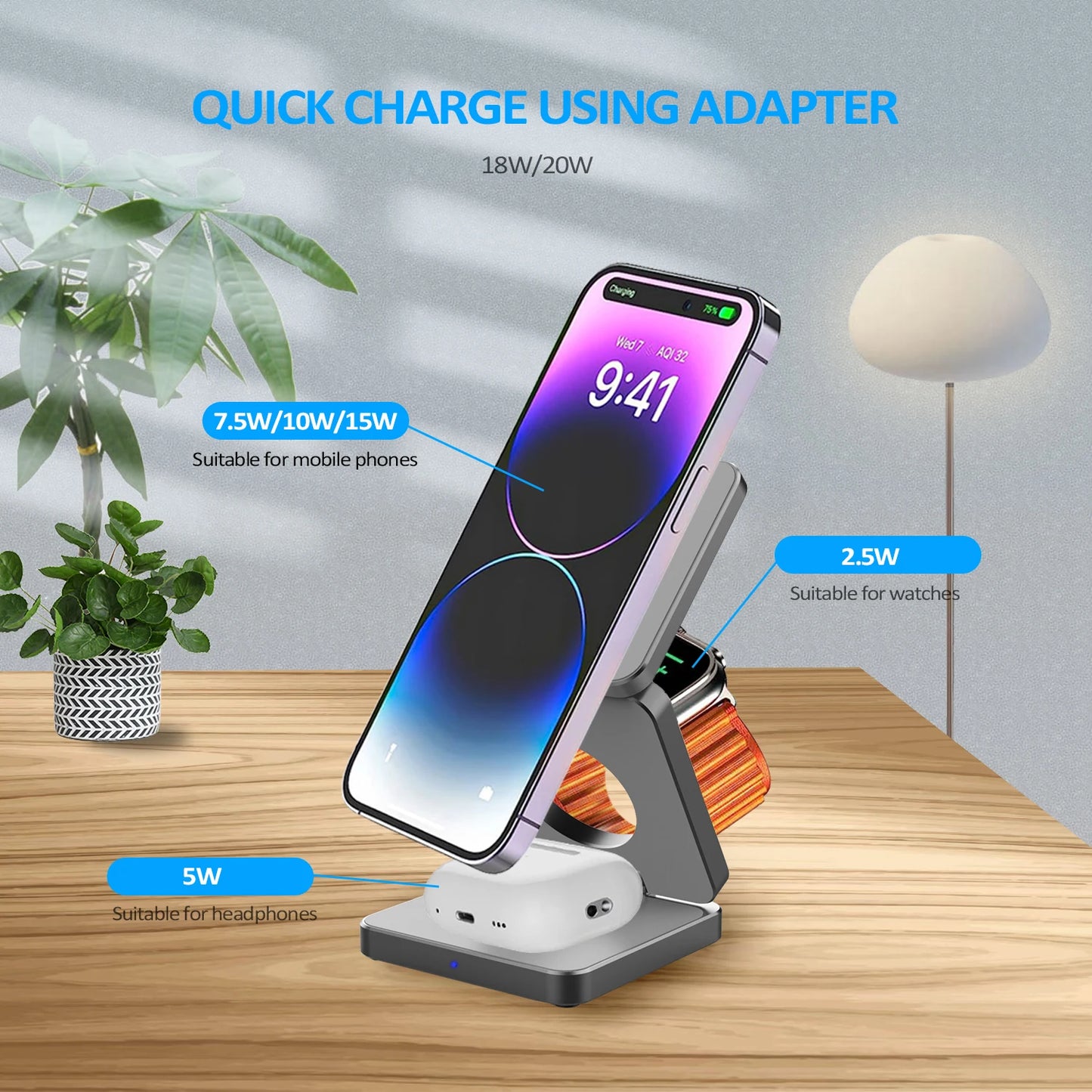 3 In 1 Foldable Magnetic Wireless Charger Stand iPhone AirPods Apple Watch