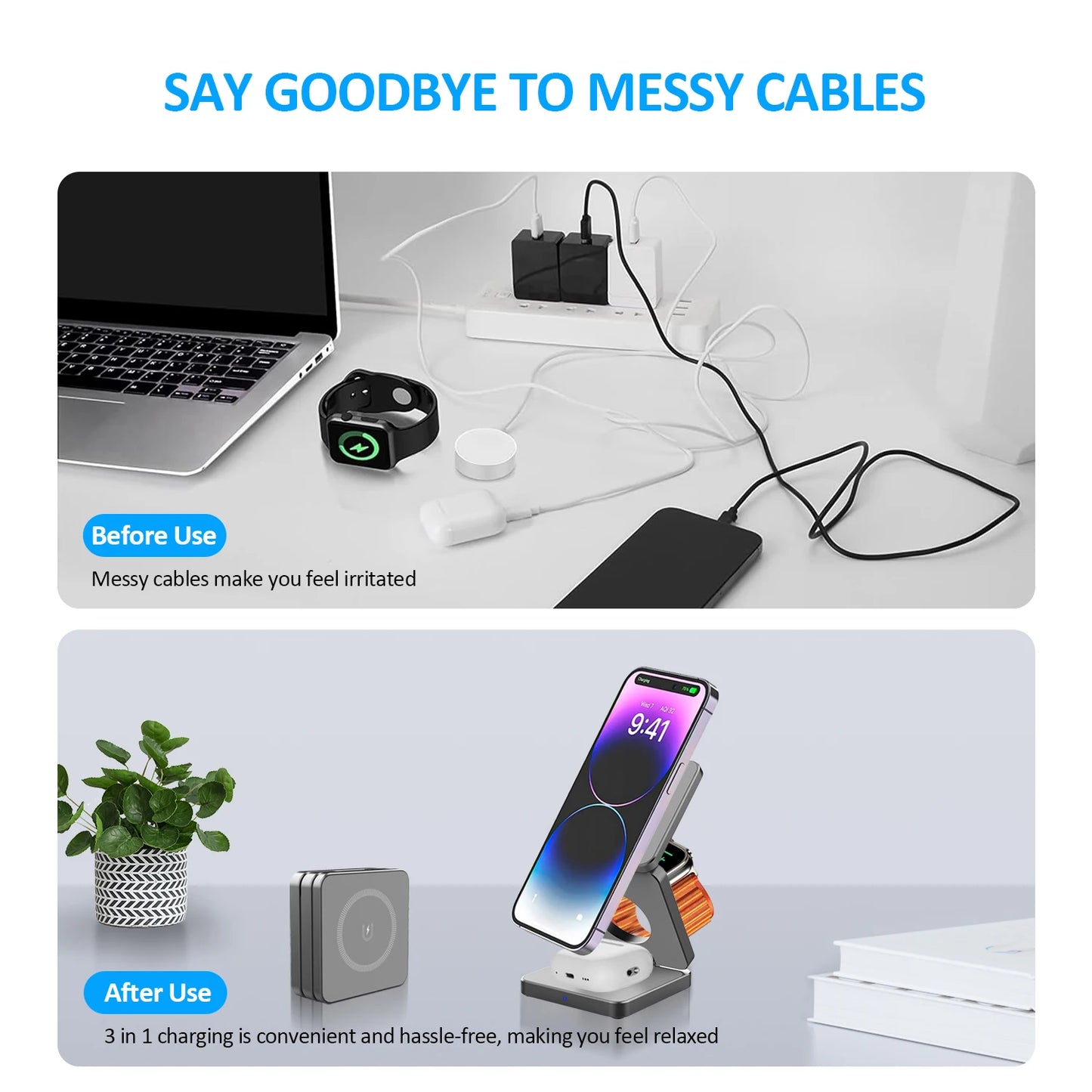 3 In 1 Foldable Magnetic Wireless Charger Stand iPhone AirPods Apple Watch