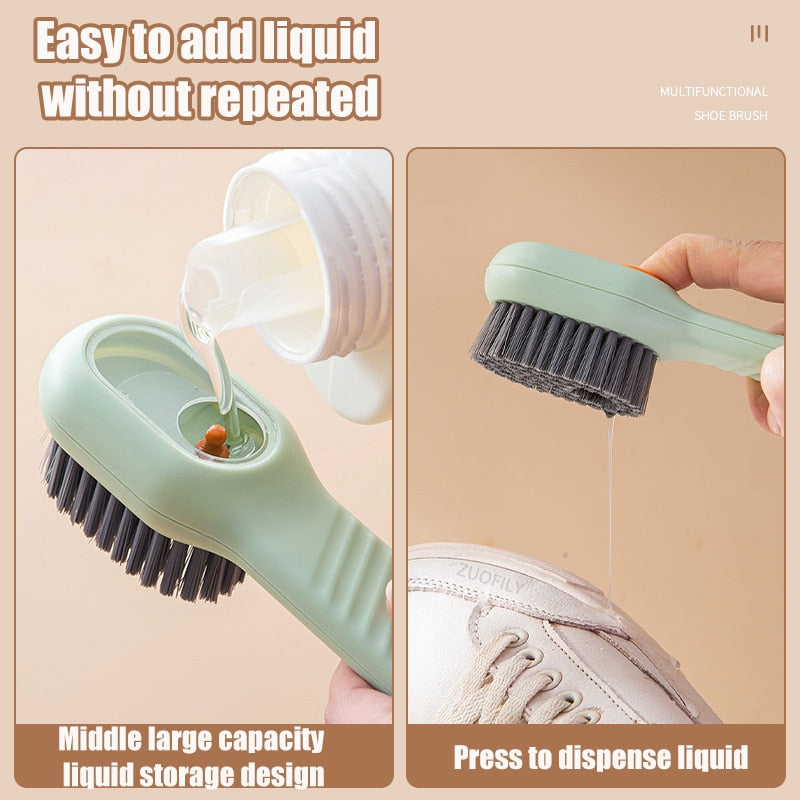 Multi-functional Liquid Injection Shoe Brush With Automatic Handle Press,  Soft Bristle Clothes Cleaning Tool For Home Use