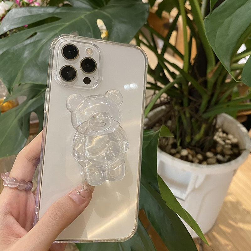 Cute 3D Cartoon Bear Transparent Ring Holder Stand Phone Case